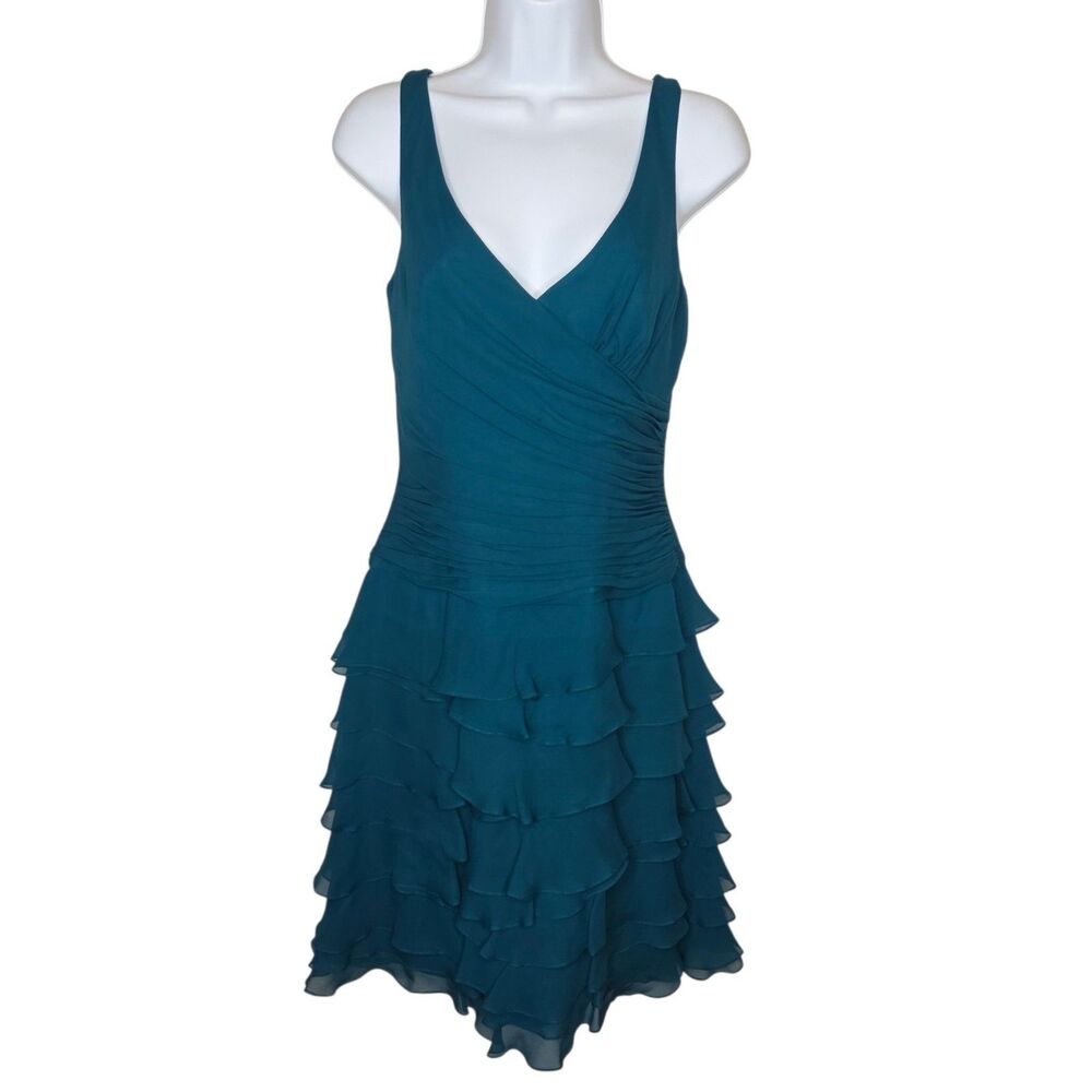 Kay Unger New York Teal Blue Ruched Tiered Ruffle Cocktail Dress Size 2